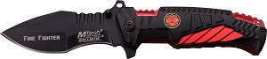 MT-A944FD - MASTER MTech USA Ballistic Spring Assisted Knife, 3.7? 3.8mm thick blade, stainless steel., Black finished blade., 4.75? closed., Two-tone black and red aluminum handle with fire fighter medallion., Includes pocket clip and lanyard hole.